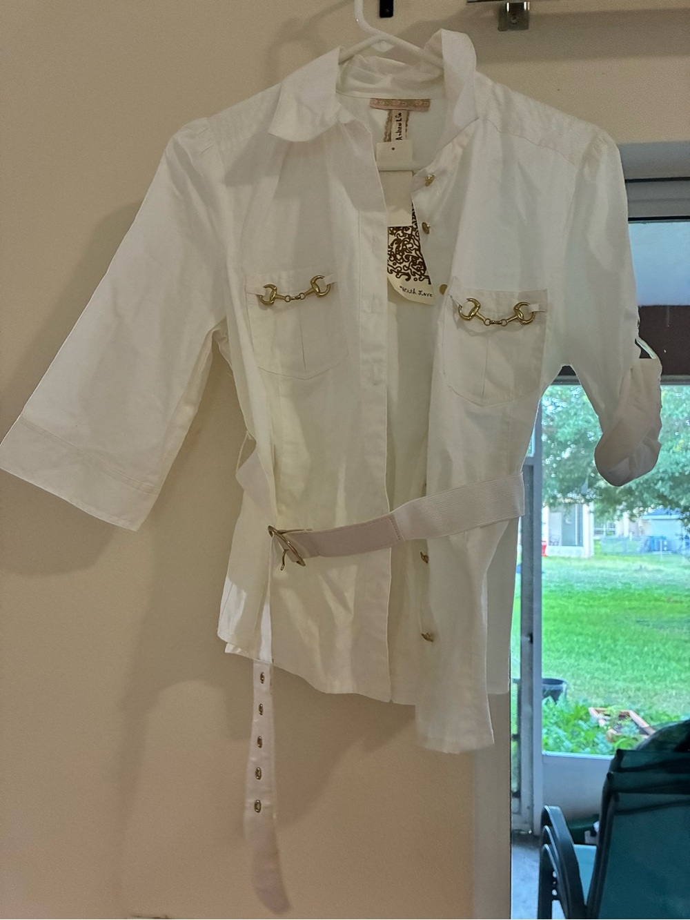Andrew & Co White Button-Down Shirt with Gold Hardware